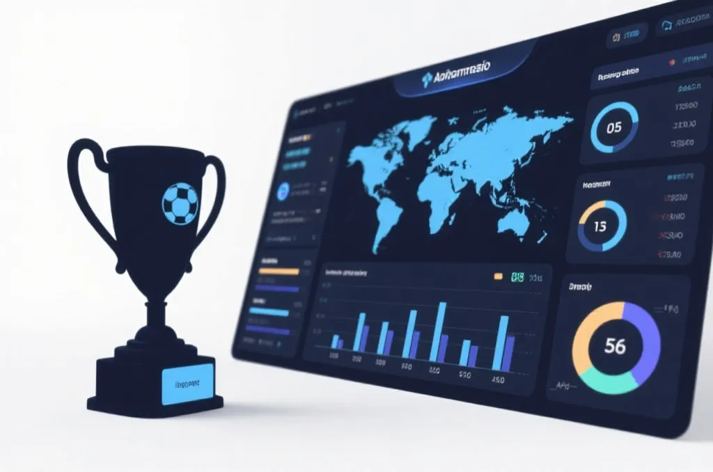An abstract modern sports analytics dashboard displaying global football statistics and a generic trophy silhouette, clean editorial design